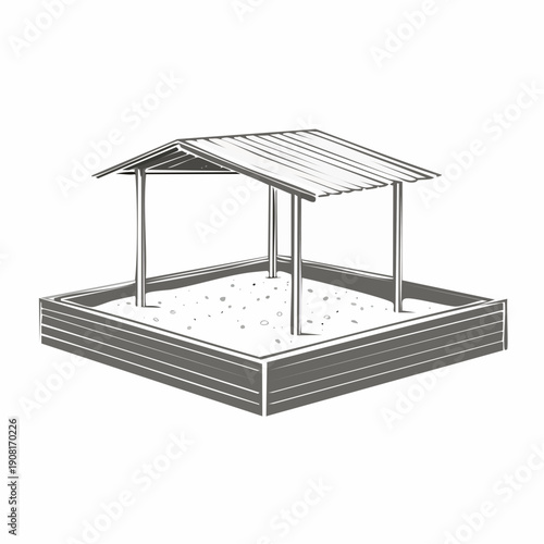 Simple sandbox with a wooden pergola and retaining wall.