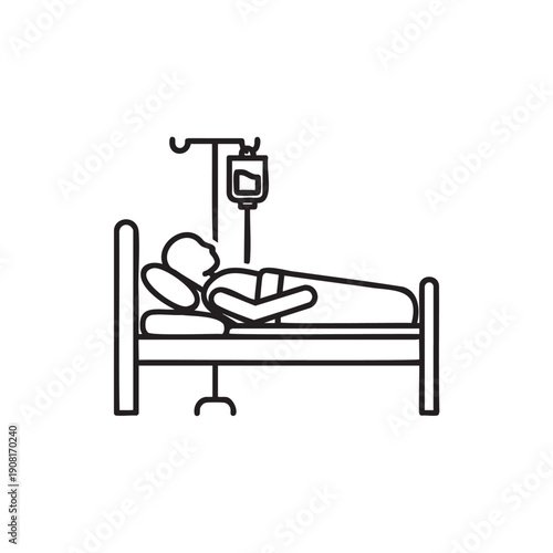 Line art illustration of a patient in hospital bed with iv drip