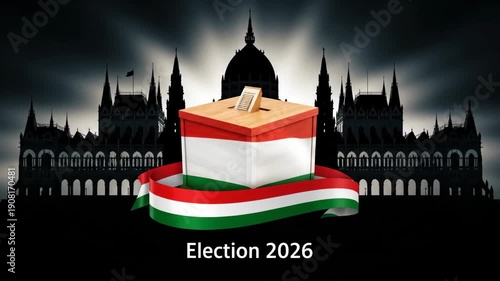 Wooden ballot box transforming into Hungarian flag design for the election 2026. National parliamentary building silhouette in Budapest.