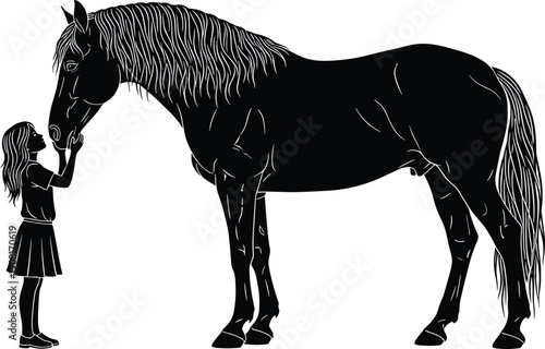 A young girl with long hair in a dress and shoes petting a large black horse with a flowing mane and tail 1