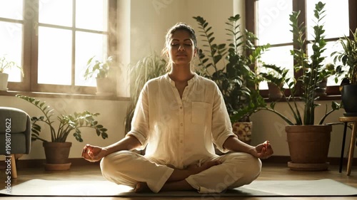 Wallpaper Mural Young hispanic woman meditating in lotus pose at home. Calm female doing yoga for wellness, mindfulness, and healthy balanced lifestyle. Torontodigital.ca