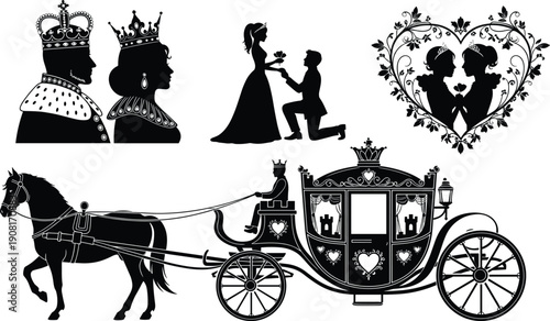 Black and white silhouette of a royal couple, proposal scene, heart-shaped frame, horse-drawn carriage with crowns