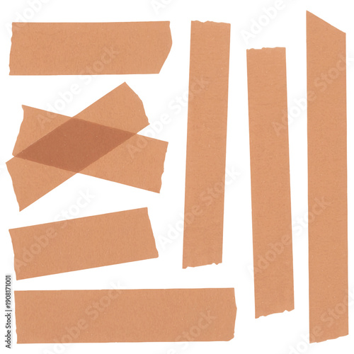 Set of brown adhesive masking tape strips isolated on white background, ripped paper tape pieces for moodboard and craft.