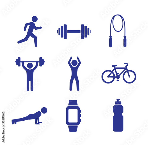 blue icons of people exercising with gym equipment and bicycles for fitness and health