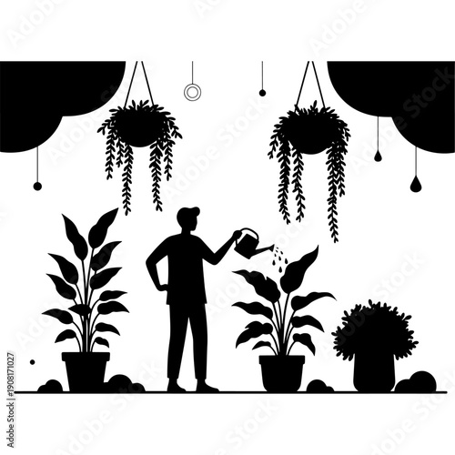 A person tending to plants hanging from the ceiling in a stylish indoor garden space Vector