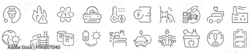 Plug on cable, socket, adapter, electric car thin black and red outline symbols vector illustration Charging station, eco power and energy, electronic device charger, battery recharge line icon set.