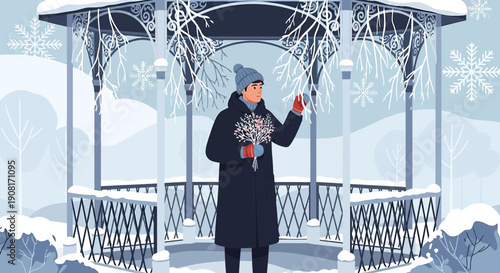 Woman holding bouquet in snowy gazebo, winter landscape, festive snowflakes