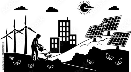 A harmonious blend of renewable energy sources powering a sustainable future community Vector