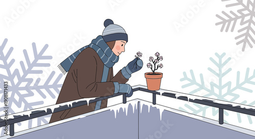 Woman holding delicate flower on balcony in winter with snowflakes