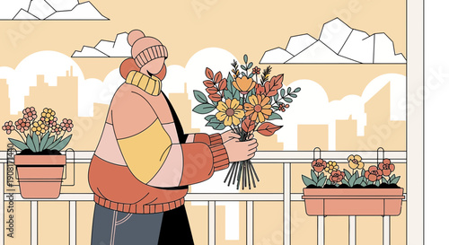 Woman holding flower bouquet on balcony with cityscape and potted plants