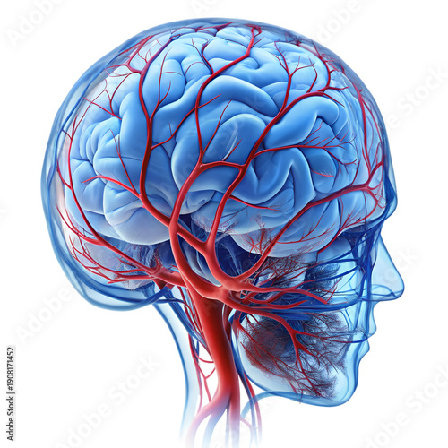 Anatomical illustration of the human brain with a focus on its intricate network of blood vessels and arteries