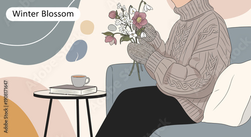 Woman Holding Winter Blossom Flowers with Coffee Cup and Book