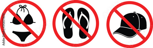 Beach rules prohibition signs set, no bikini no flip flops no hat symbols, red circle warning icons, black vector illustration isolated