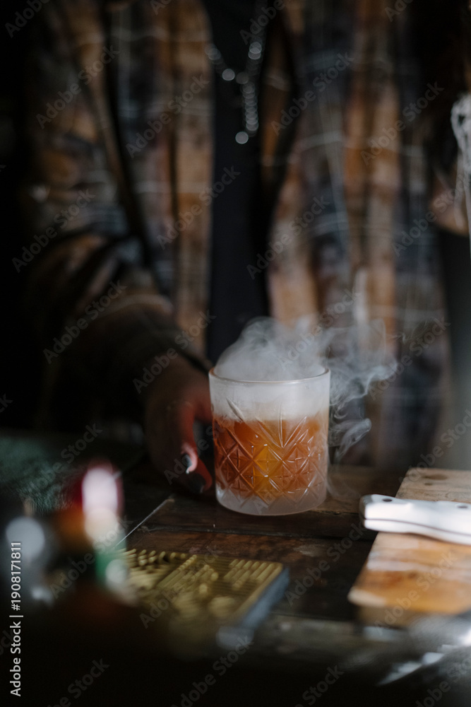 custom made wallpaper toronto digitalFemale bartender standing by the bar counter, making a cocktail, smoking the glass, close up vertical image