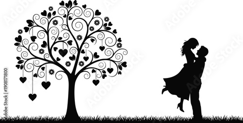 Silhouette of a Couple Kissing in Front of a Decorated Tree with Hearts and Swirls