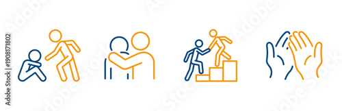 set icon of mentoring help, support employee work, outstretched hands, hug friendship, help partnership icons, line vectors on white