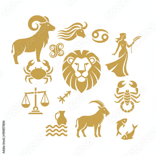Golden zodiac symbols collection isolated on white background a celestial journey through astrological signs and their meanings