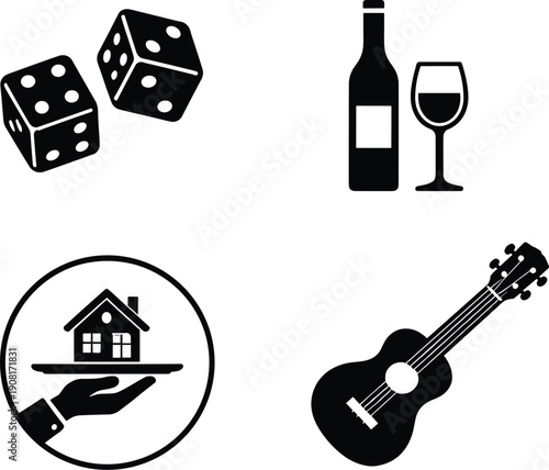 Black icon set illustration, dice wine guitar house hand symbols isolated on white background, lifestyle hobby gambling music real estate concepts