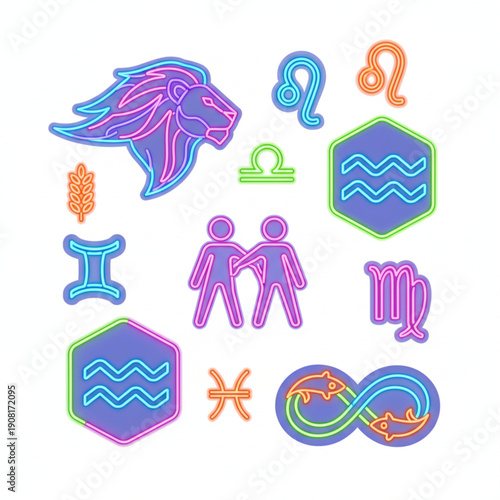 Vibrant Neon Glow Zodiac Astrological Sign Icons Collection for Horoscope and Celestial Chart Designs