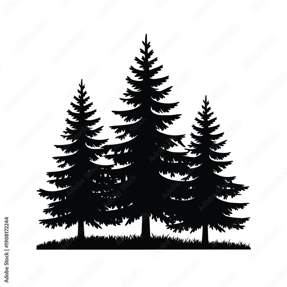 Fototapeta premium Silhouette of three evergreen trees against a white background