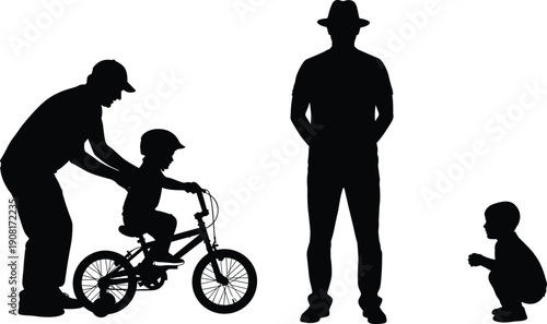 Silhouette of Teaching Child to Ride a Bike with Another and Toddler Watching bicycle
