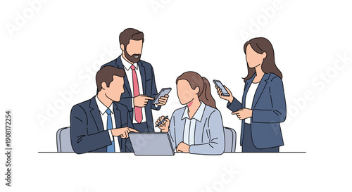 Business people collaborating with digital devices in modern office, focused teamwork, technology concept, innovation, communication space