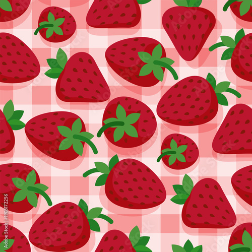 seamless strawberry pattern on a checkered tablecloth. rustic berry pattern.flat pattern. stock vector illustration. EPS 10.