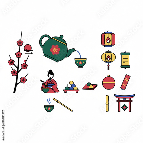 Collection of Japanese cultural icons and symbols featuring tea ceremony elements, lanterns, and a torii gate for traditional design