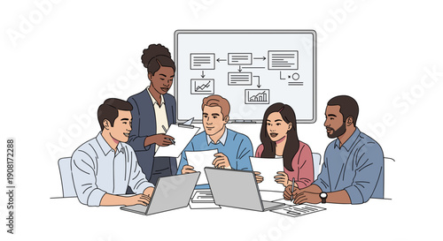 multicultural team working on startup project in bright modern office, creative collaboration, focused expressions, entrepreneurship concept, innovative technology