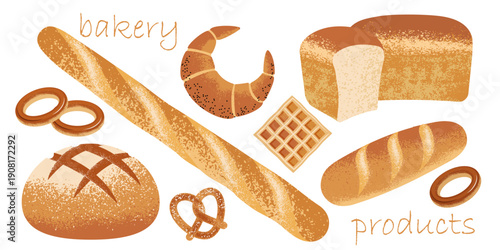 set of pastries and bakery products drawn in a flat style with texture. loaf, baguette, and roll isolated on a white background. stock vector illustration. EPS 10.