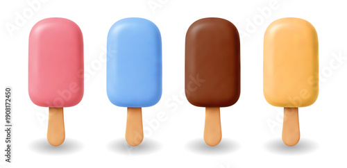 3D Ice Cream Popsicles Flat Summer Icon Realistic Vector Set Frozen Dessert