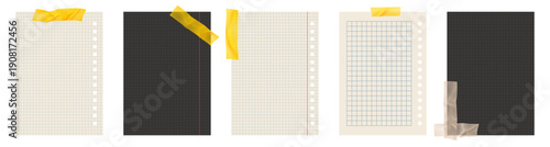 Copybook Notebook Notepad Paper with Washi Tape Strip Grid Lined Squared Plan Page Paper Vector Note Set