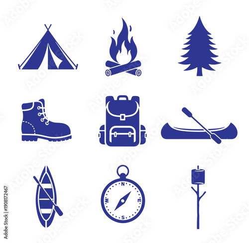 collection of camping and outdoor adventure icons on white background