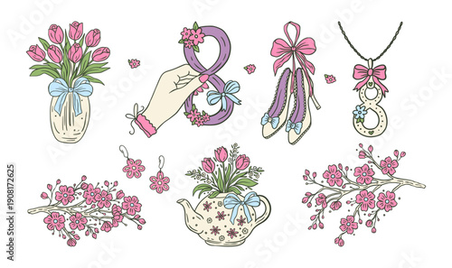Spring Hand Drawn Doodle Sketch Set With Tulips, Sakura, Shoes, Necklace, Coquette  8 March Womens Day Collection
