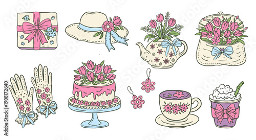 Spring Floral Hand Drawn Doodle Sketch Set Collection With Tulips, Cake, Gift Box And Coquette Feminine Gloves
