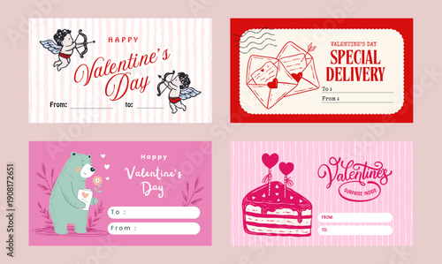 Romantic Coquette Doodle Sketch Valentines Day Tag Label Vector Set With Cupid, Cake, Love Letters And Cute Bear