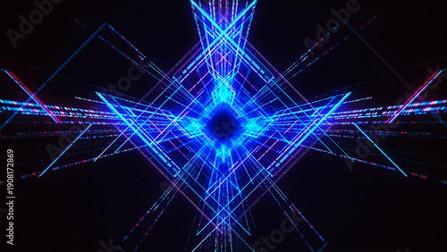 A rapid movement through a digital tunnel formed by streams of glowing dots and lines. The illustration conveys the speed, energy, and atmosphere of a high-tech future.