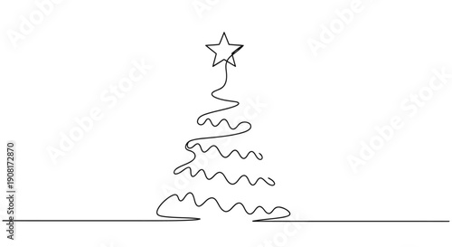 Minimalist Christmas tree single line art with star — holiday decoration icon vector
