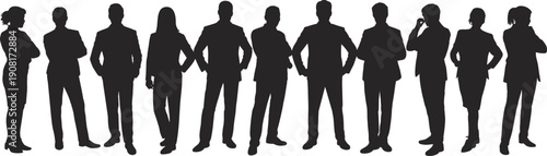 Standing business people silhouettes in confident poses representing corporate team, leadership, professionalism, success, diversity, and modern workplace identity concept