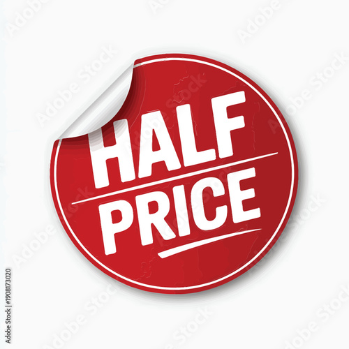 A red circular sticker displaying the text half price with a peeled corner