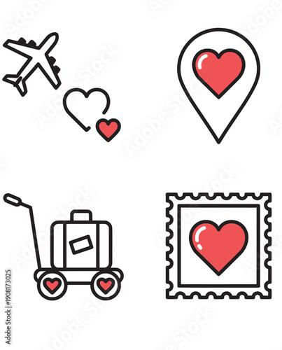 Love Travel Icons Airplane Luggage Location Stamp Heart.