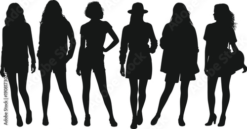 Standing women silhouettes in different poses representing female fashion, confidence, diversity, modern lifestyle, empowerment, individuality, and stylish urban identity concept