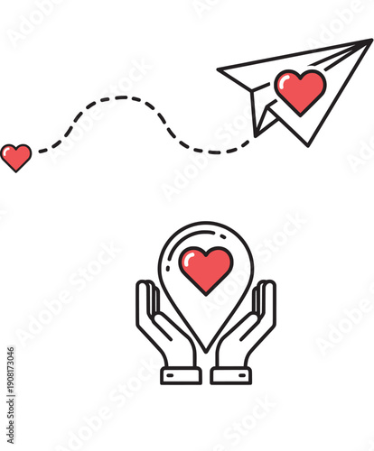 Paper airplane carrying heart symbol flying towards destination.