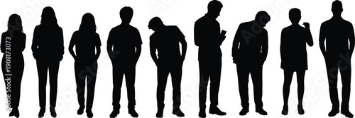 Standing people silhouettes in various poses representing diverse men and women, individuality, modern society, urban lifestyle, human diversity, and social identity concept