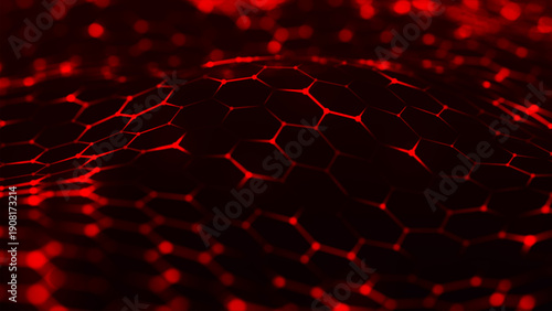 A bright red hexagonal grid undulates smoothly, like a living digital fabric. A futuristic hexagonal background. Glowing nodes are connected by lines, forming a honeycomb structure.