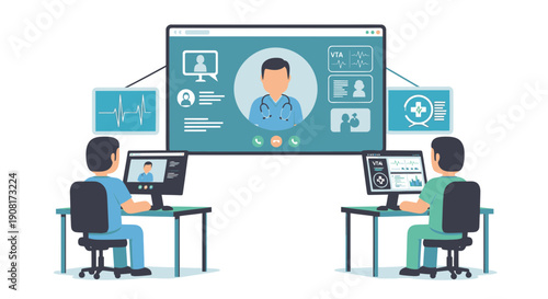 Medical professionals working on computers with health data on screen.