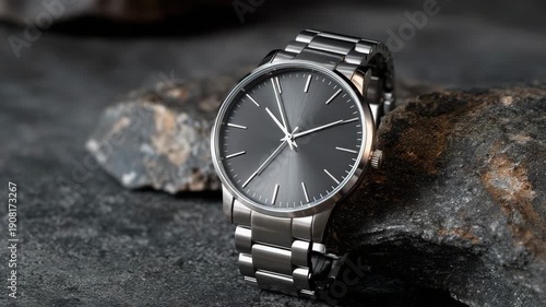 Wallpaper Mural A sleek metal wristwatch displayed upright on a matte gray background, dramatic side lighting highlighting textures and contours Torontodigital.ca