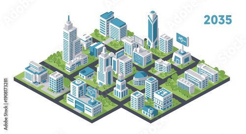 Isometric Cityscape with Modern Buildings and Skyscrapers.