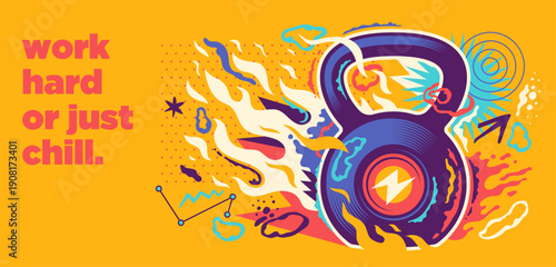 Conceptual fitness illustration in an abstract style with a kettlebell and colorful shapes. Vector illustration.