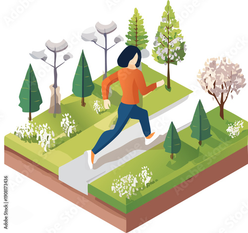 Isometric illustration of a woman running on a city park pathway surrounded by green trees and modern streetlights, isolated white background.